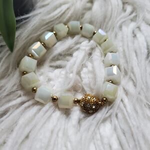 Pearlescent White & Gold Beaded Bling Magnetic Closure Bracelet